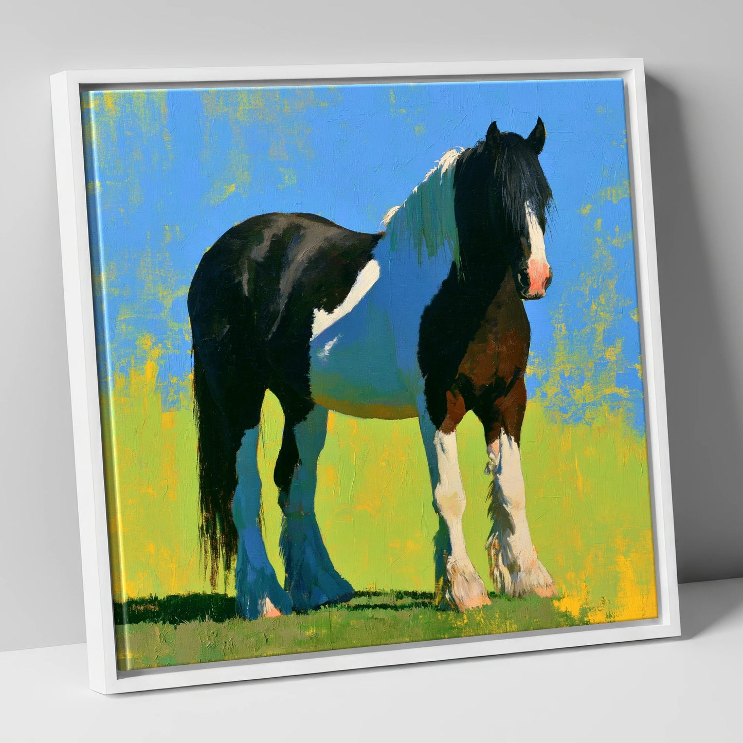 Piebald Cob in Summer Sun horse breed canvas wall art in white frame