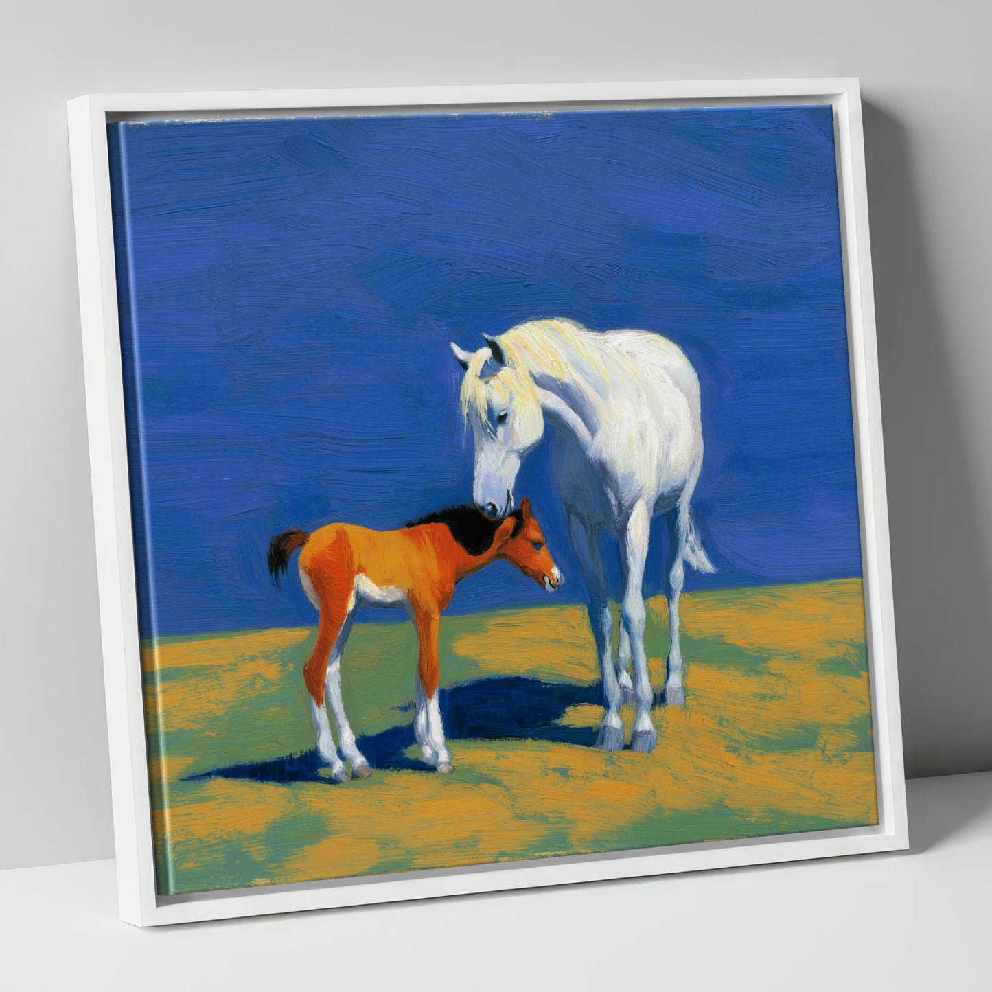 Sunlit Bond mare & foal canvas wall art in white frame
