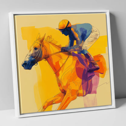 Golden Stride racing horse canvas wall art in white frame