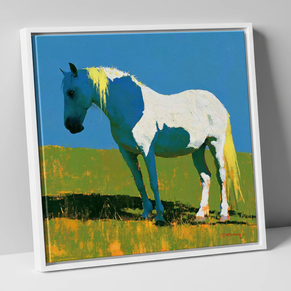 White Horse With Indigo Shadows horse breed canvas wall art in white frame