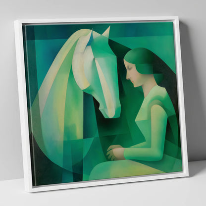 The Emerald Bond horse & rider canvas wall art in white frame