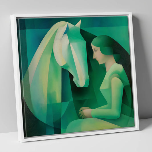 The Emerald Bond horse & rider canvas wall art in white frame