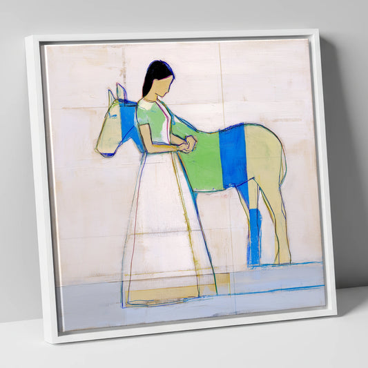 Quiet Blue Bond horse & rider canvas wall art in white frame
