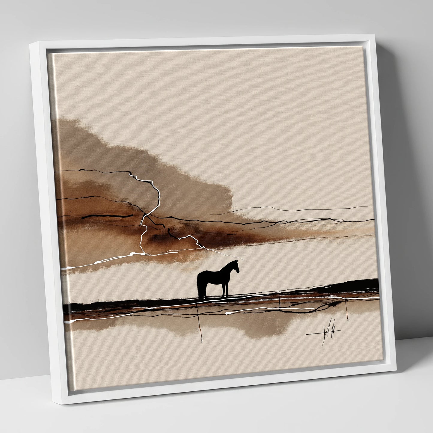 Lightning on the Horizon horse landscape canvas wall art in white frame