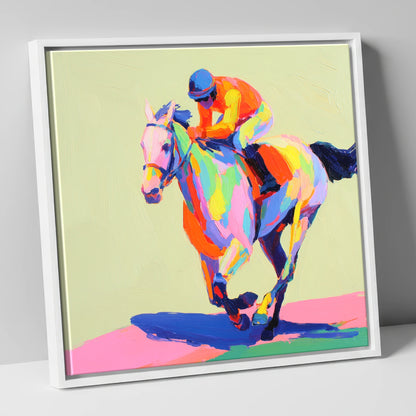 Technicolour Sprint racing horse canvas wall art in white frame