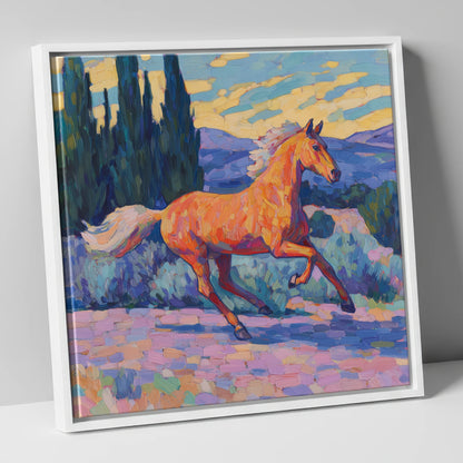 Vibrant Golden Canter horse breed canvas wall art in white frame