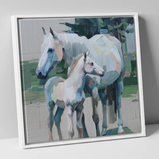 Textured Pastel Bond mare & foal canvas wall art in white frame