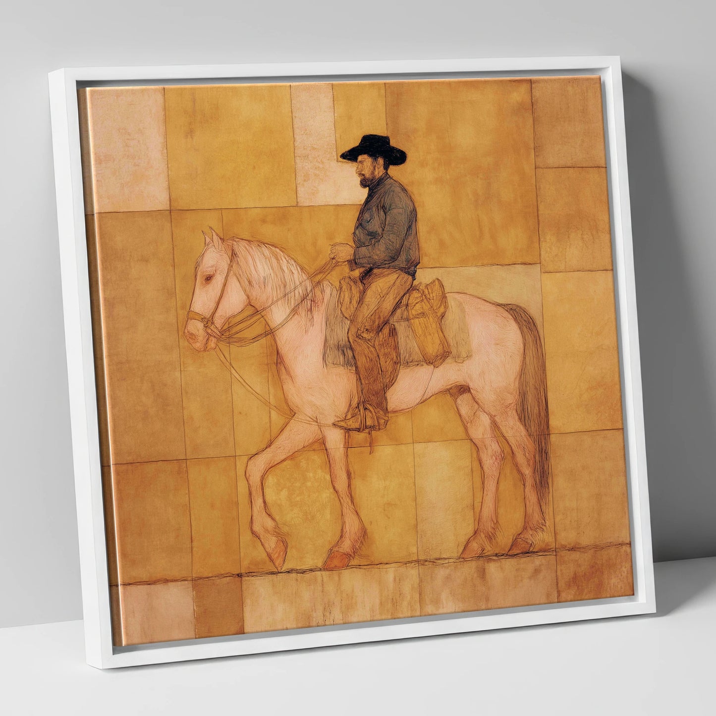The Golden Trail western horse canvas wall art in white frame