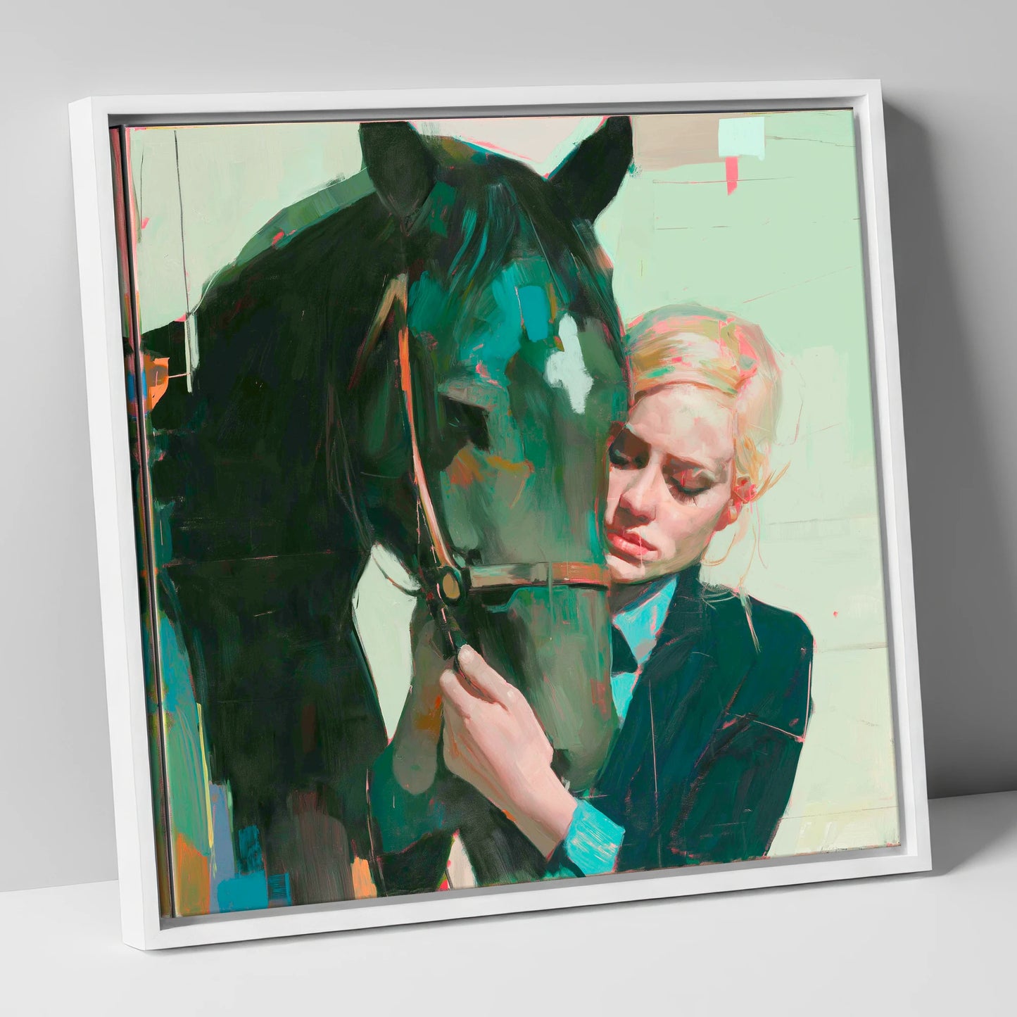 Quiet Connection horse & rider canvas wall art in white frame