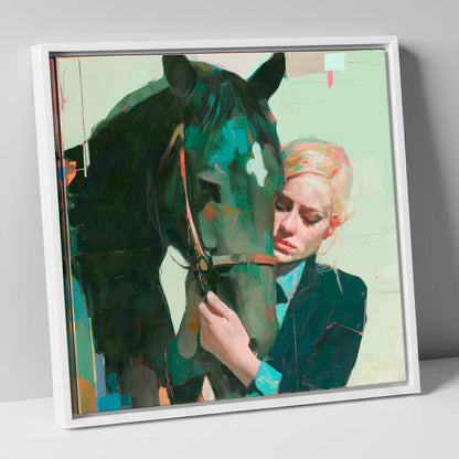 Quiet Connection horse & rider canvas wall art in white frame