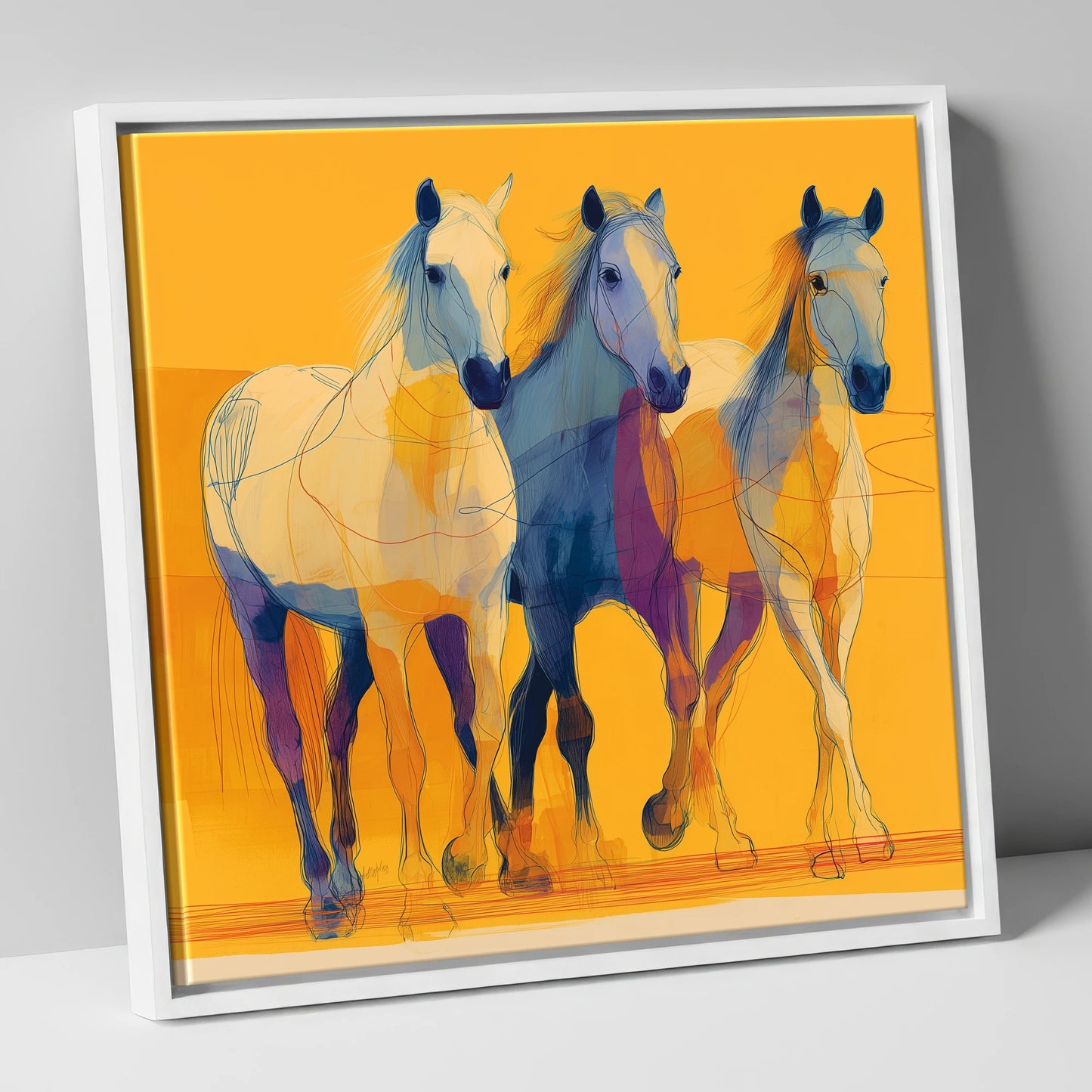 Vivid Strides in Gold horse landscape canvas wall art in white frame
