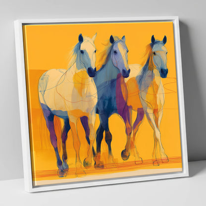 Vivid Strides in Gold horse landscape canvas wall art in white frame