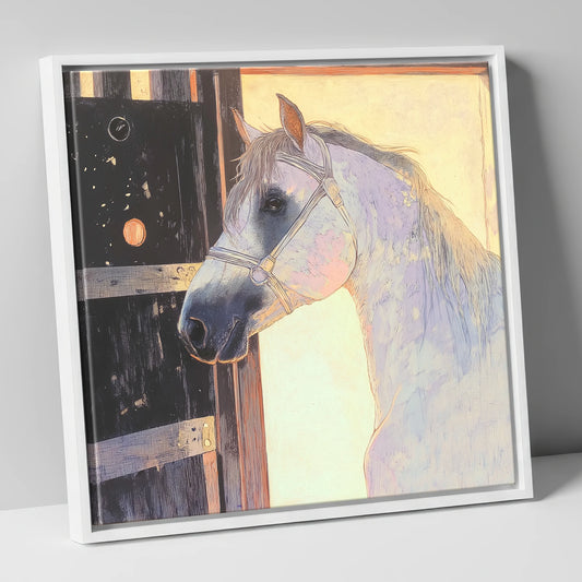 The Luminous Grey horse stable canvas wall art in white frame