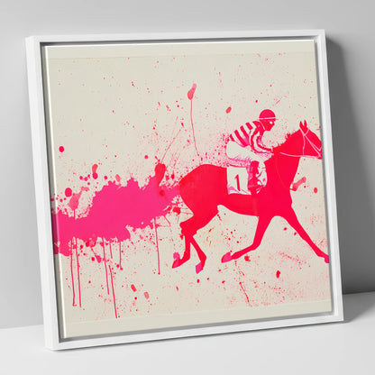 Magenta Racing Surge racing horse canvas wall art in white frame