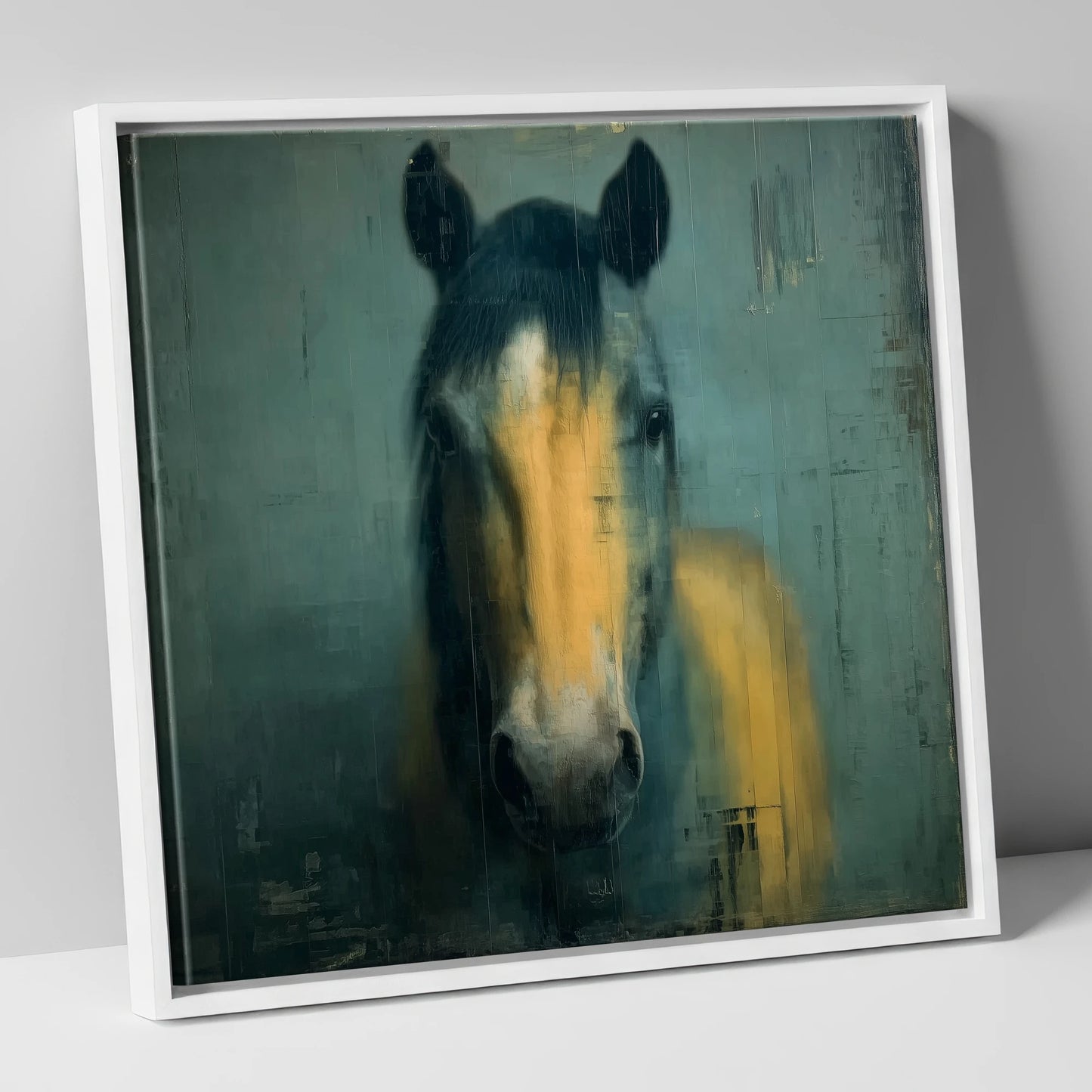 Ochre and Slate horse portrait canvas wall art in white frame