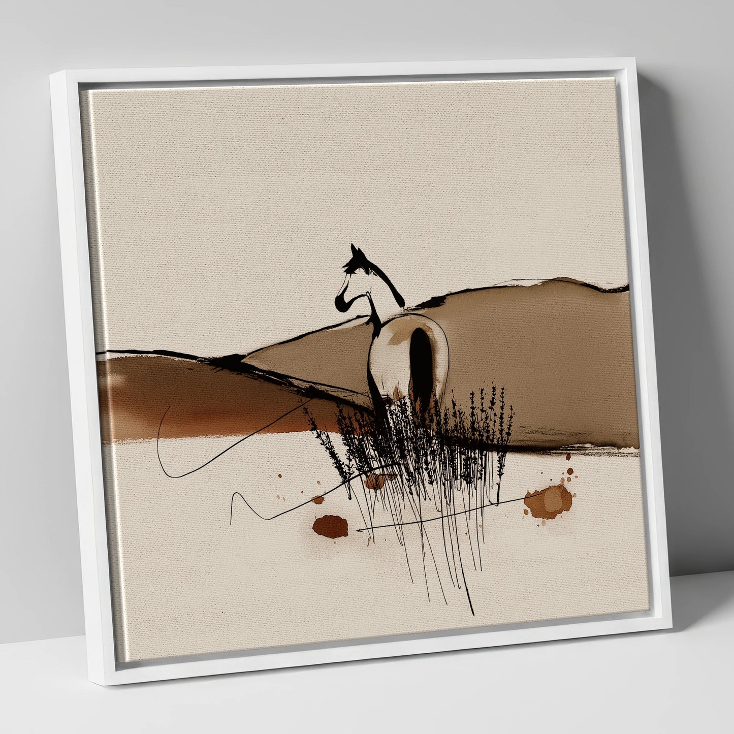 Sepia Ridge Observer horse landscape canvas wall art in white frame