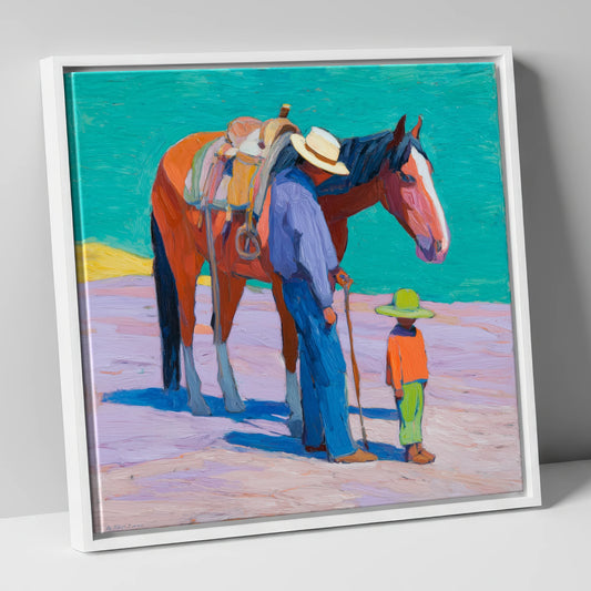 Sunlit Companions horse & rider canvas wall art in white frame