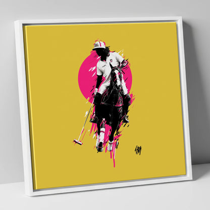 The Vibrant Chukka polo horse canvas wall art in white frame