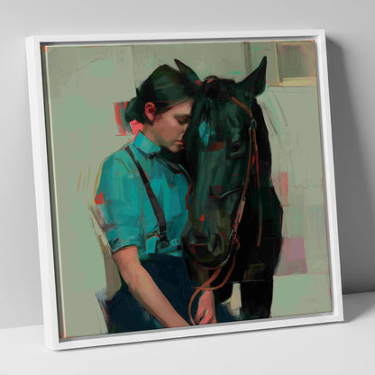 A Quiet Understanding horse & rider canvas wall art in white frame