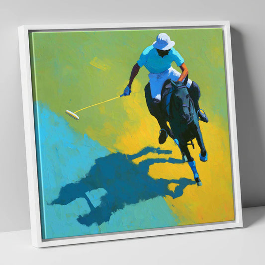 Sunlit Polo Pursuit polo horse canvas wall art in white frame
