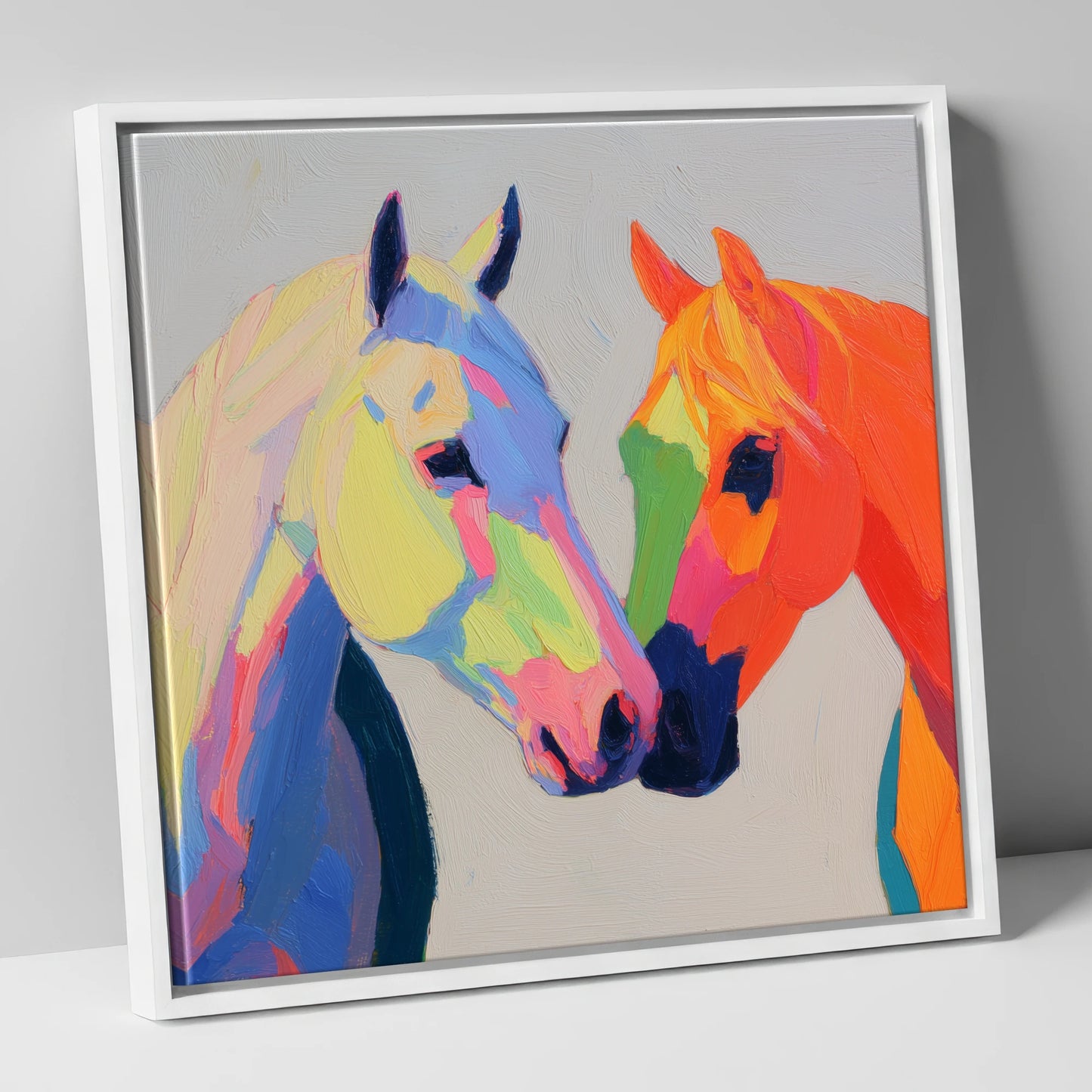 Technicolour Companions horse portrait canvas wall art in white frame