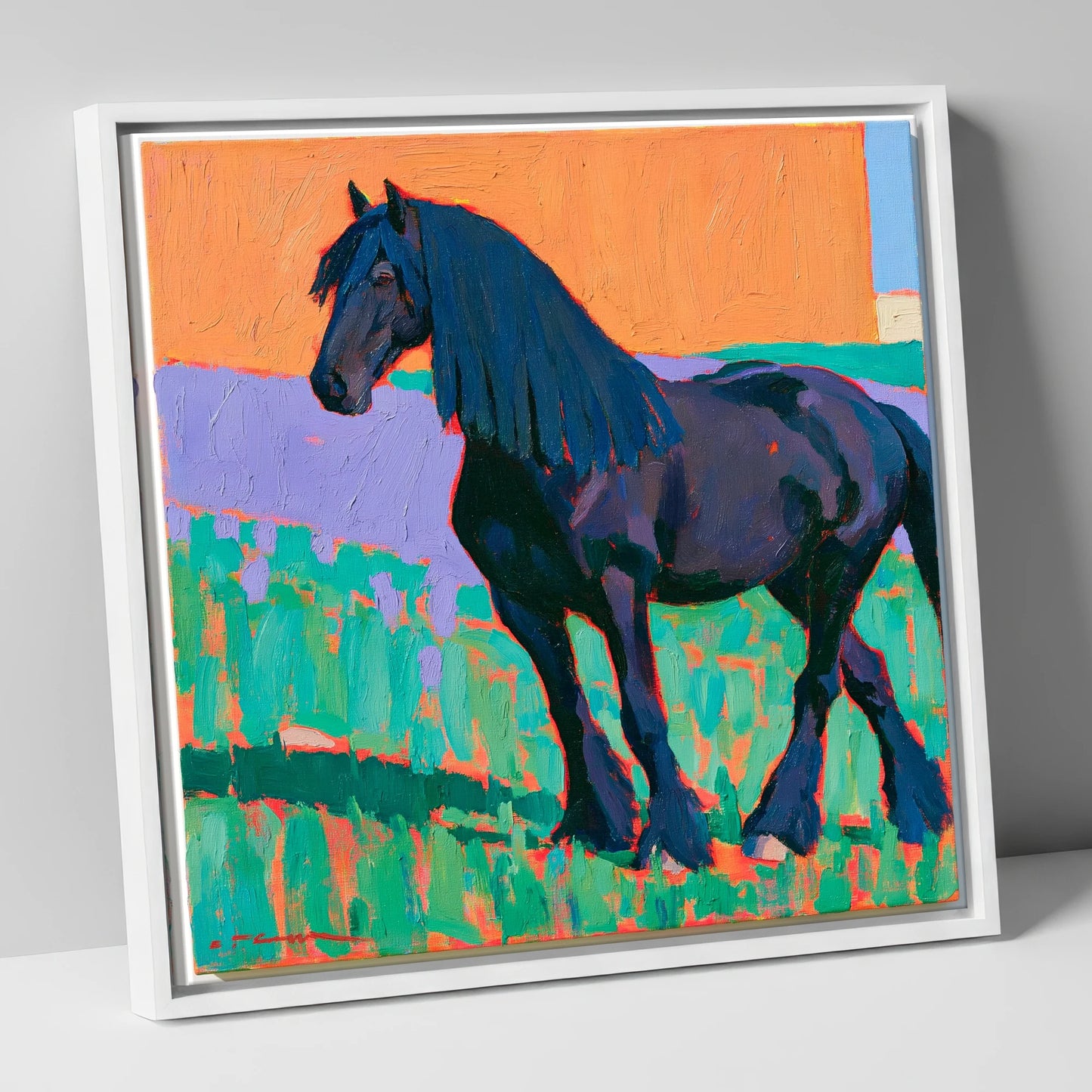 Friesian Horse in Vivid Colour horse breed canvas wall art in white frame