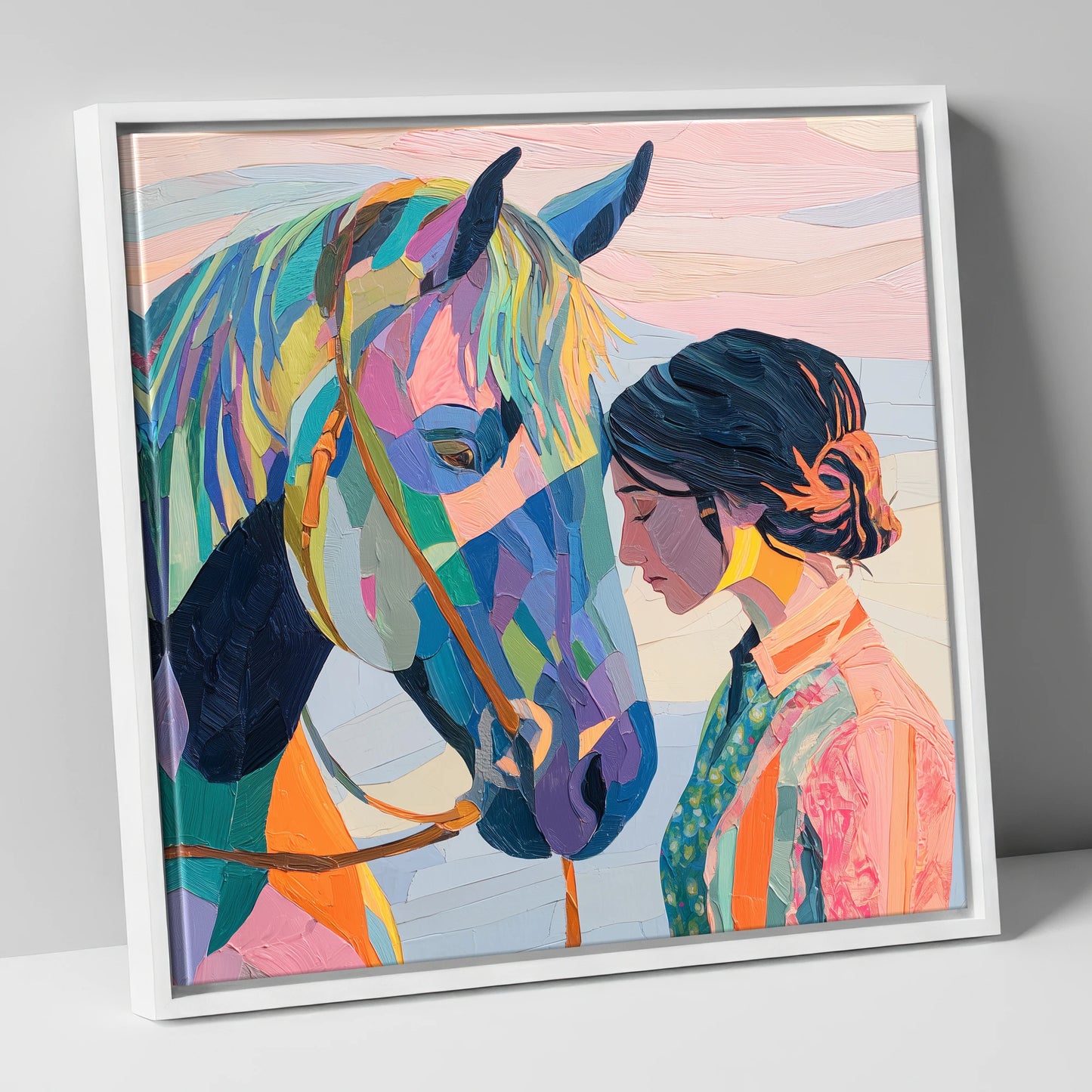 Vibrant Harmony horse & rider canvas wall art in white frame