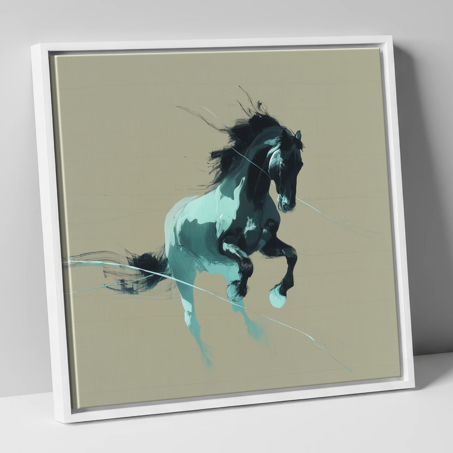 Dynamic Teal Stallion horse breed canvas wall art in white frame