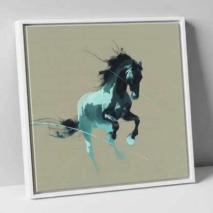 Dynamic Teal Stallion horse breed canvas wall art in white frame