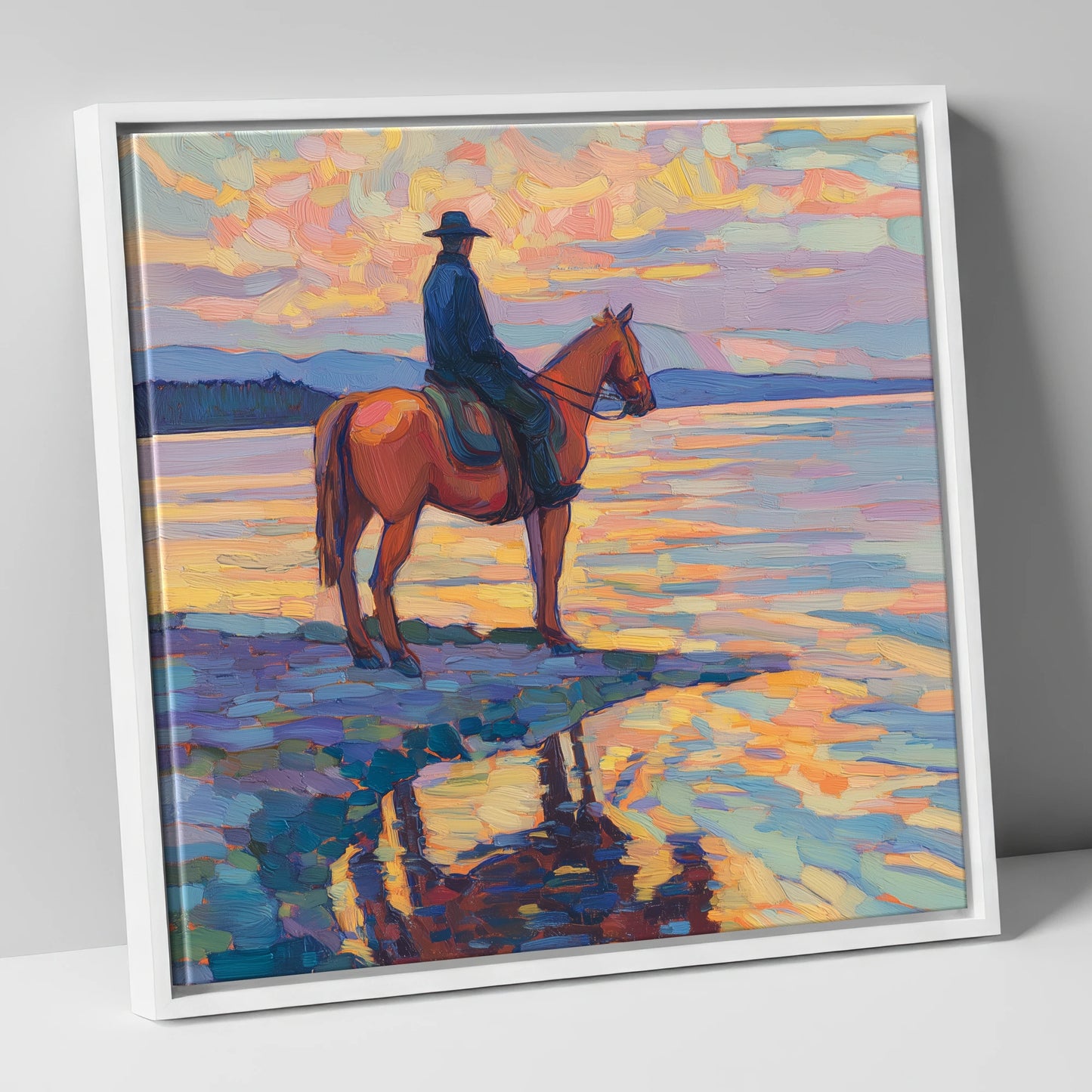 Solitary Sunset Ride beach horse canvas wall art in white frame