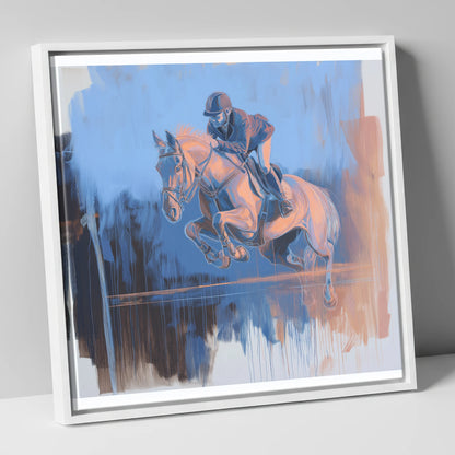 Suspended Over Cobalt show jumping horse canvas wall art in white frame