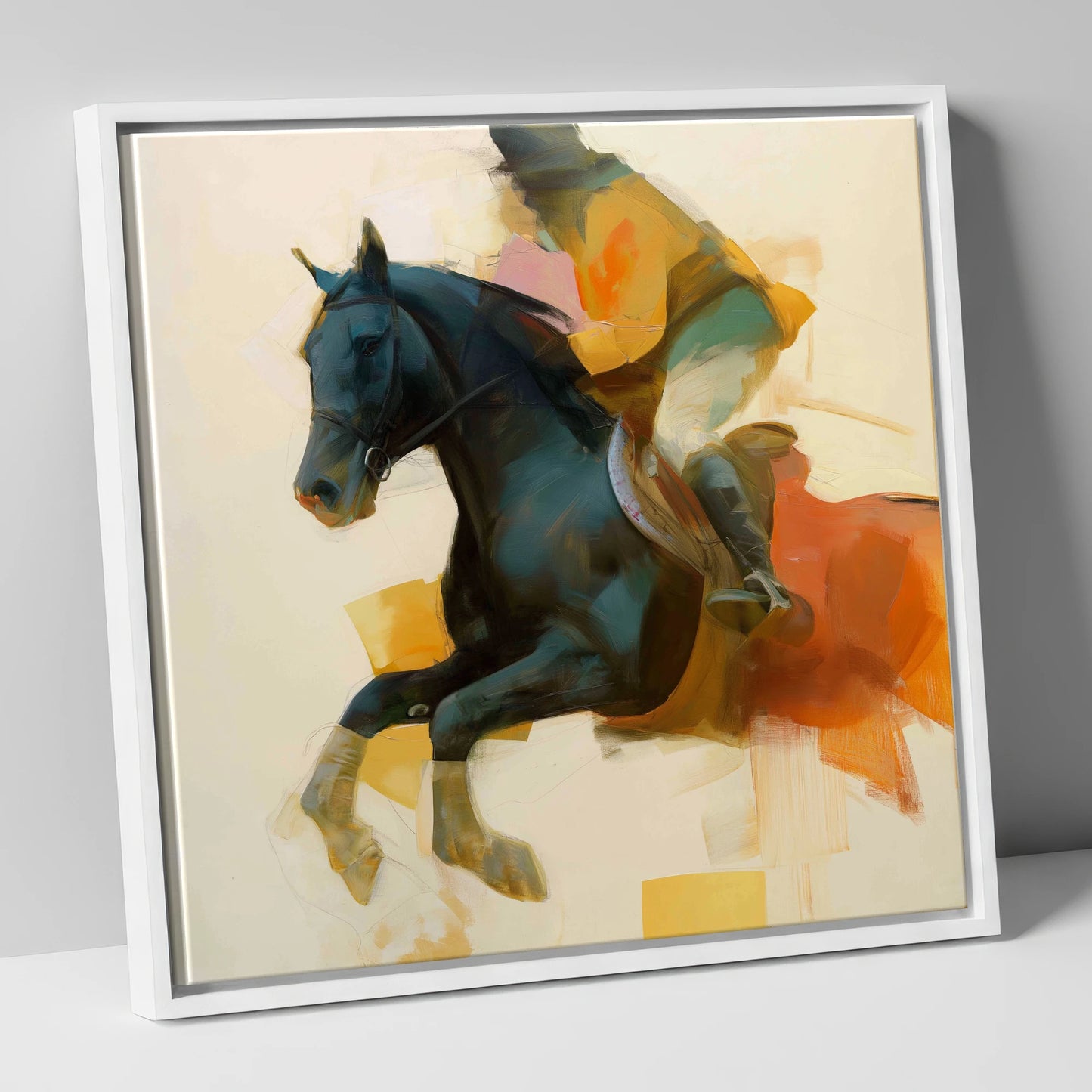 Kinetic Leap show jumping horse canvas wall art in white frame