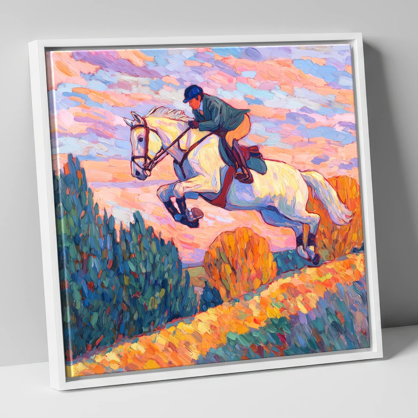 Airborne at Dusk show jumping horse canvas wall art in white frame