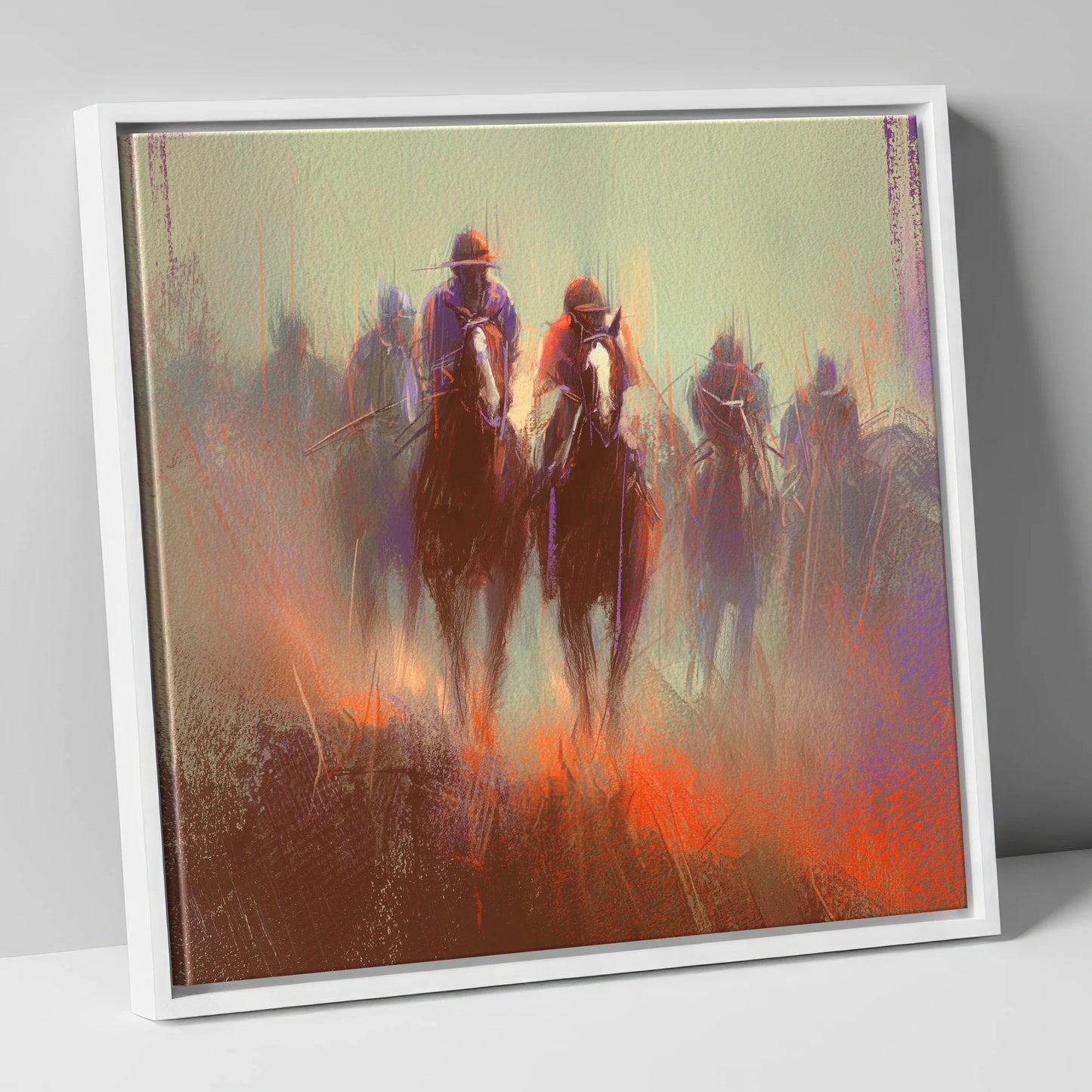 The Dawn Gallop racing horse canvas wall art in white frame