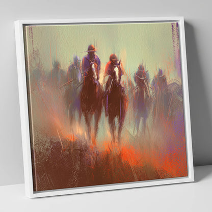 The Dawn Gallop racing horse canvas wall art in white frame