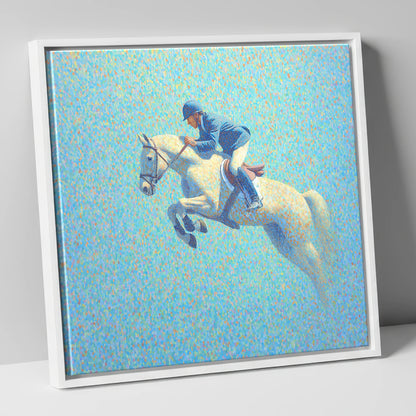 Luminous Flight show jumping horse canvas wall art in white frame