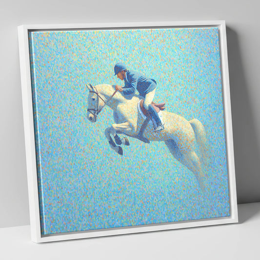 Luminous Flight show jumping horse canvas wall art in white frame