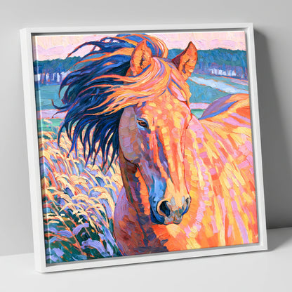 Vibrant Windblown Horse Portrait horse breed canvas wall art in white frame