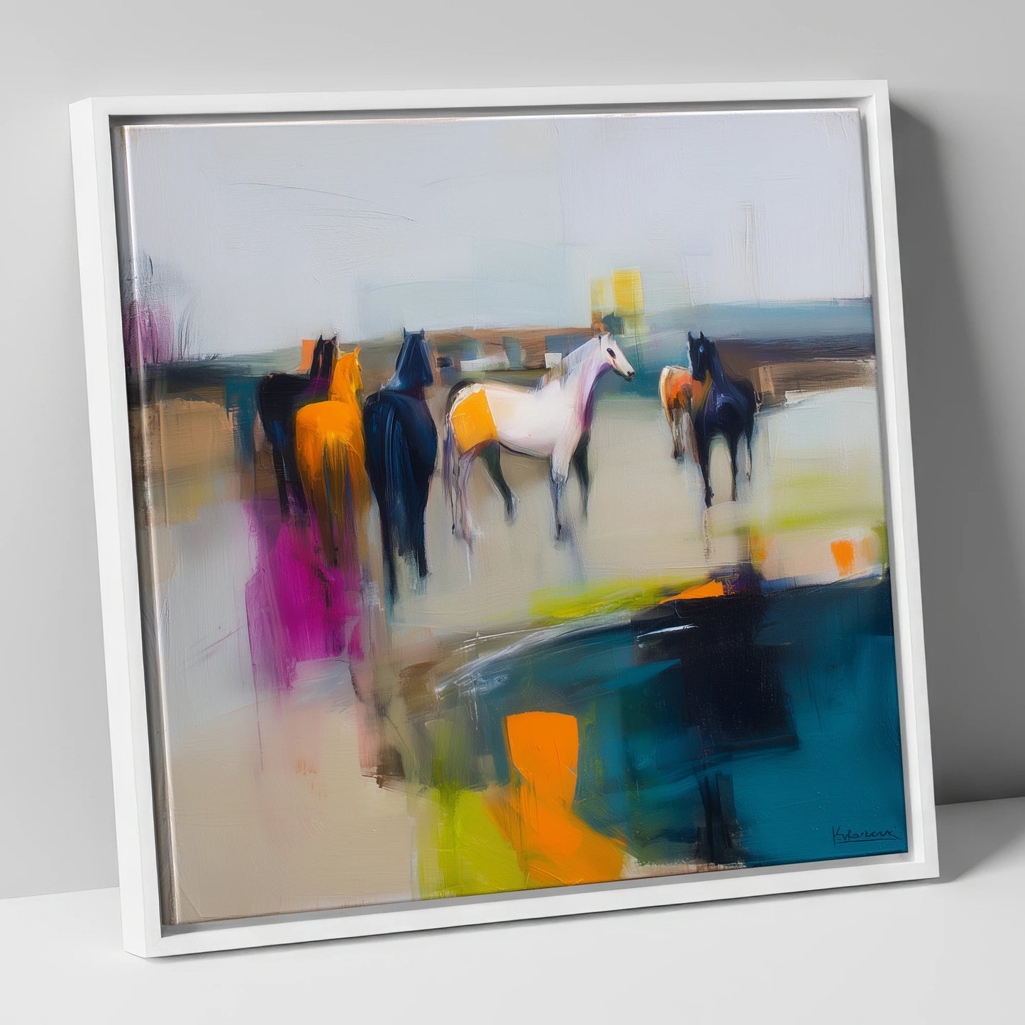 Vivid Horizon Herd horse landscape canvas wall art in white frame