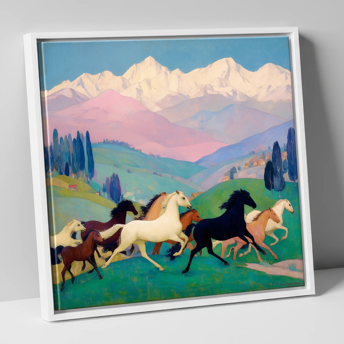 Vibrant Alpine Herd horse landscape canvas wall art in white frame