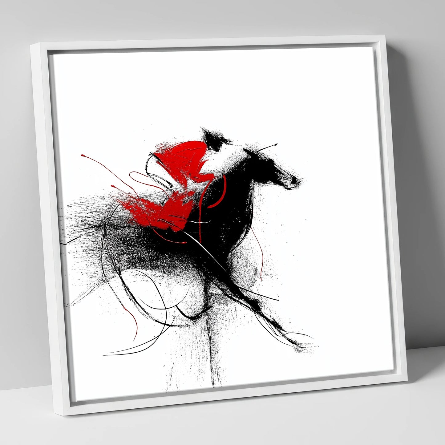 Crimson Sprint racing horse canvas wall art in white frame
