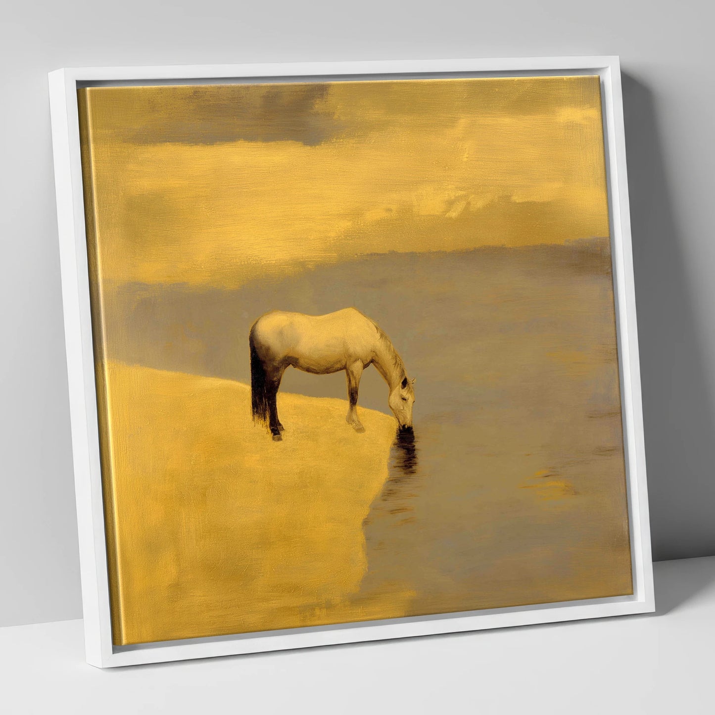 Stillness at the Water's Edge horse landscape canvas wall art in white frame