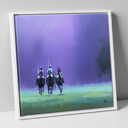 The Violet Charge polo horse canvas wall art in white frame