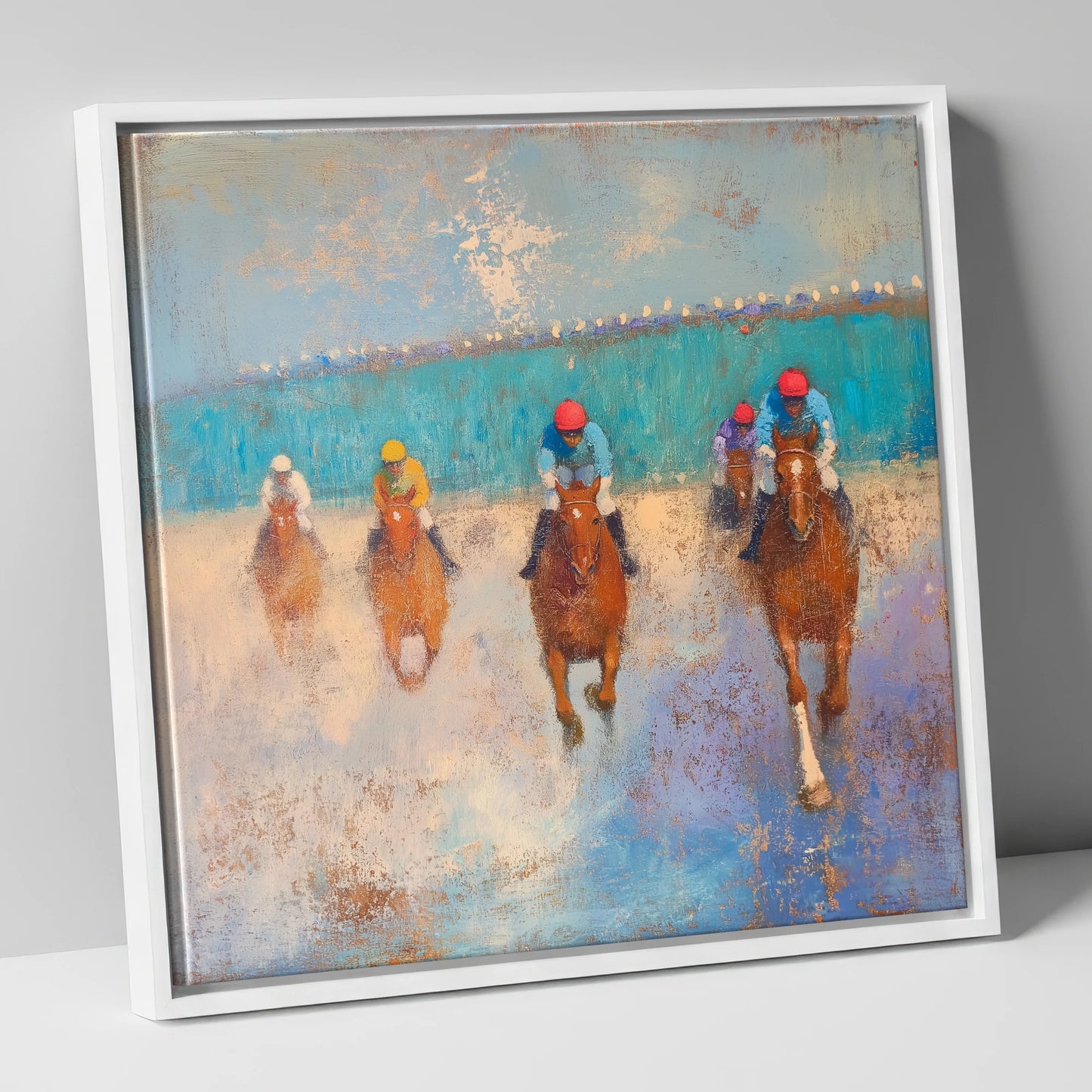 Towards the Wire racing horse canvas wall art in white frame