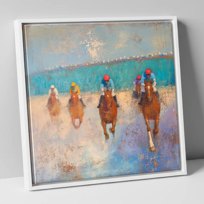 Towards the Wire racing horse canvas wall art in white frame