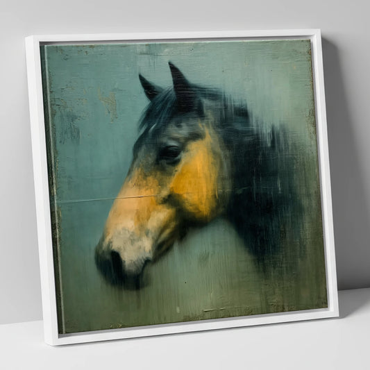 Teal and Ochre Profile horse portrait canvas wall art in white frame