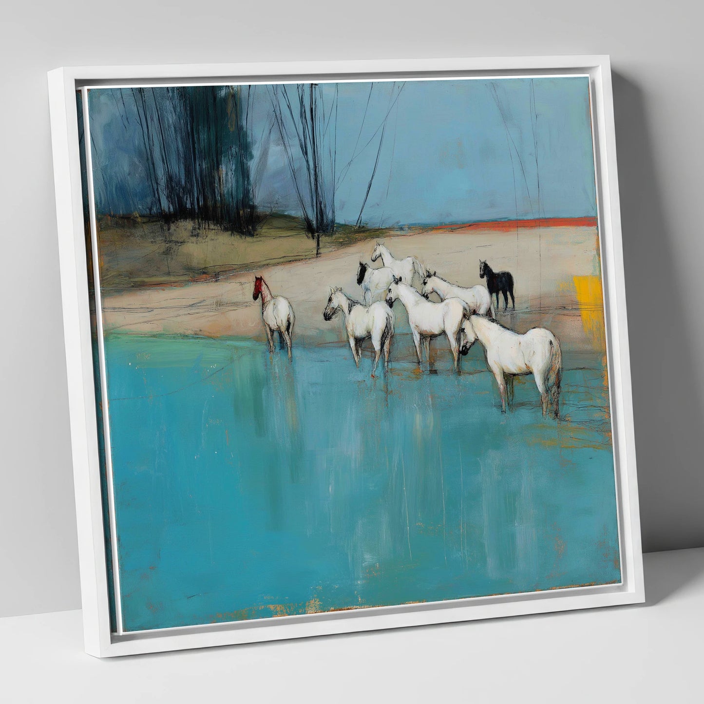Wading in Teal Shallows wild horses canvas wall art in white frame