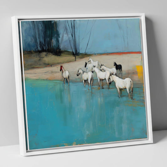 Wading in Teal Shallows wild horses canvas wall art in white frame