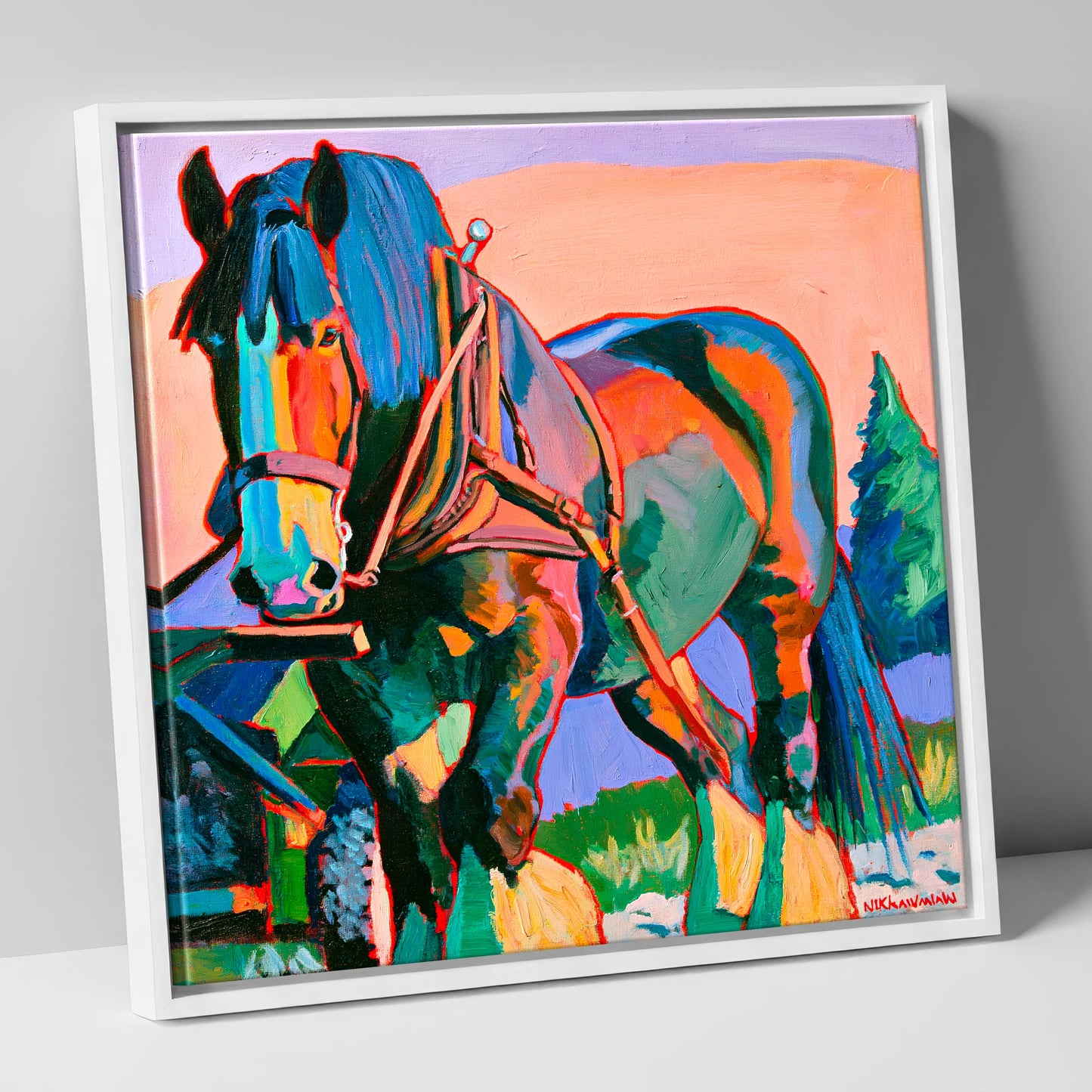 Vibrant Heavy Horse in Harness horse breed canvas wall art in white frame