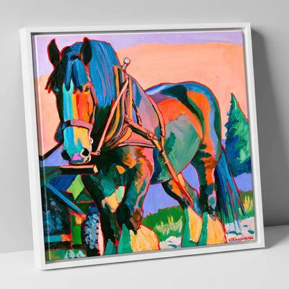 Vibrant Heavy Horse in Harness horse breed canvas wall art in white frame